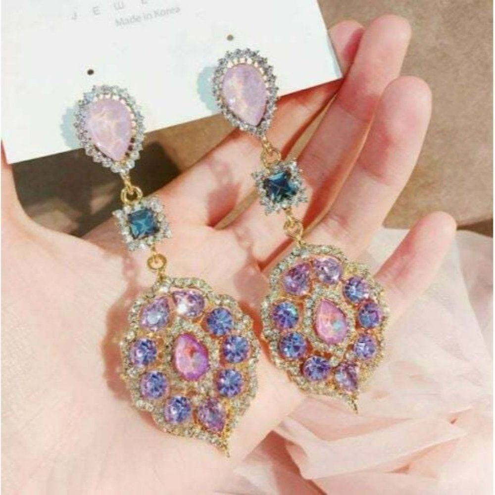 Enchanted Vintage Boho Elegant Waterdrop Crystal Oval Flower Dangle Pink Earring - Picture 4 of 4